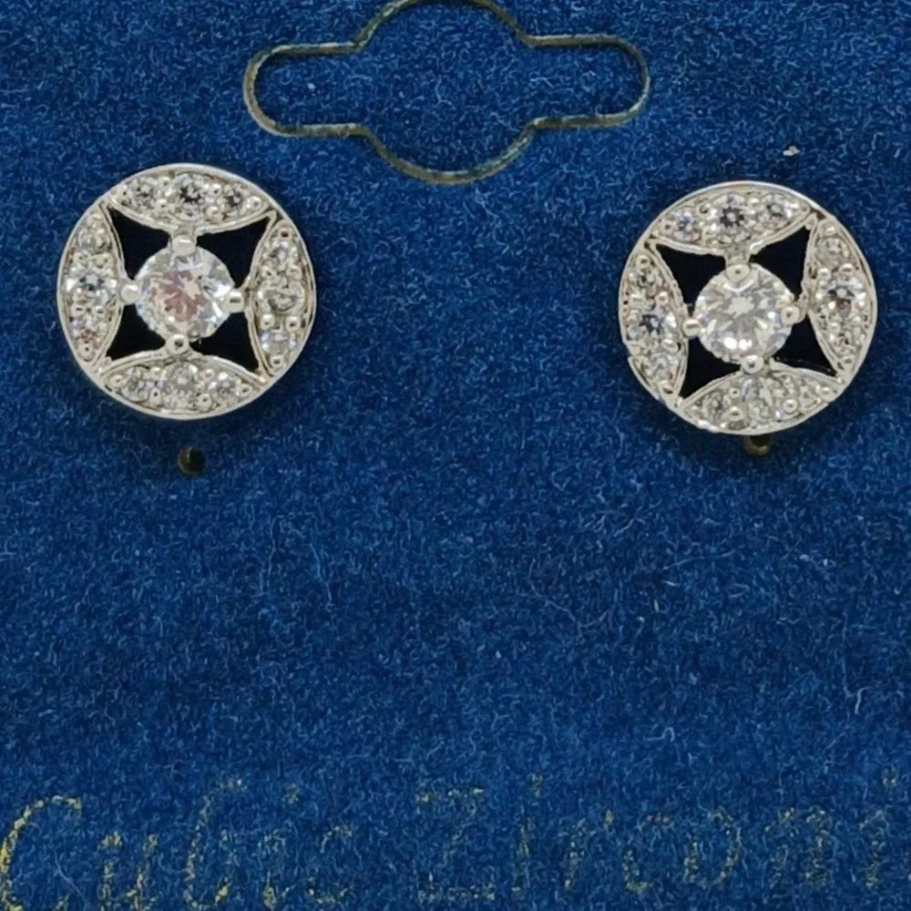 Vintage 1990s Cubic Zirconia Silver Tone‎ Geometric Round Stud Earrings New